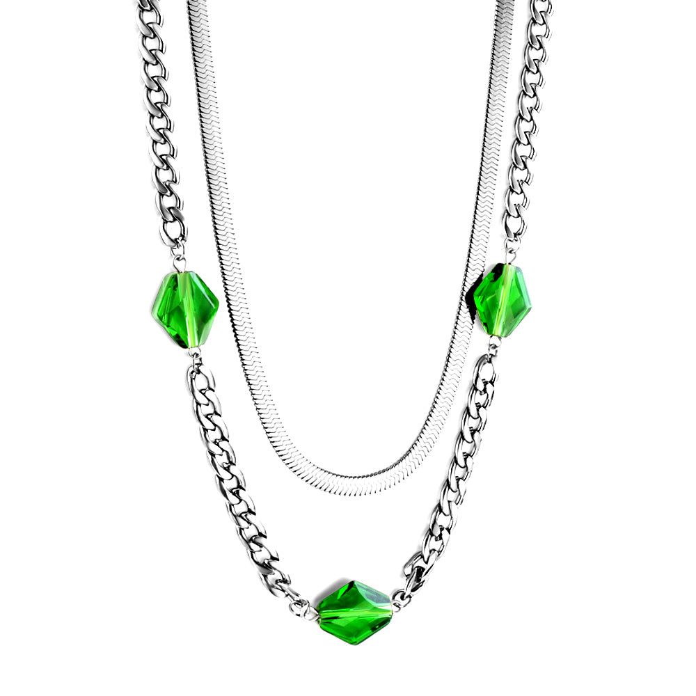 3 Rhombus Green Diamonds Accessory Double Chain Necklace asonjewelry